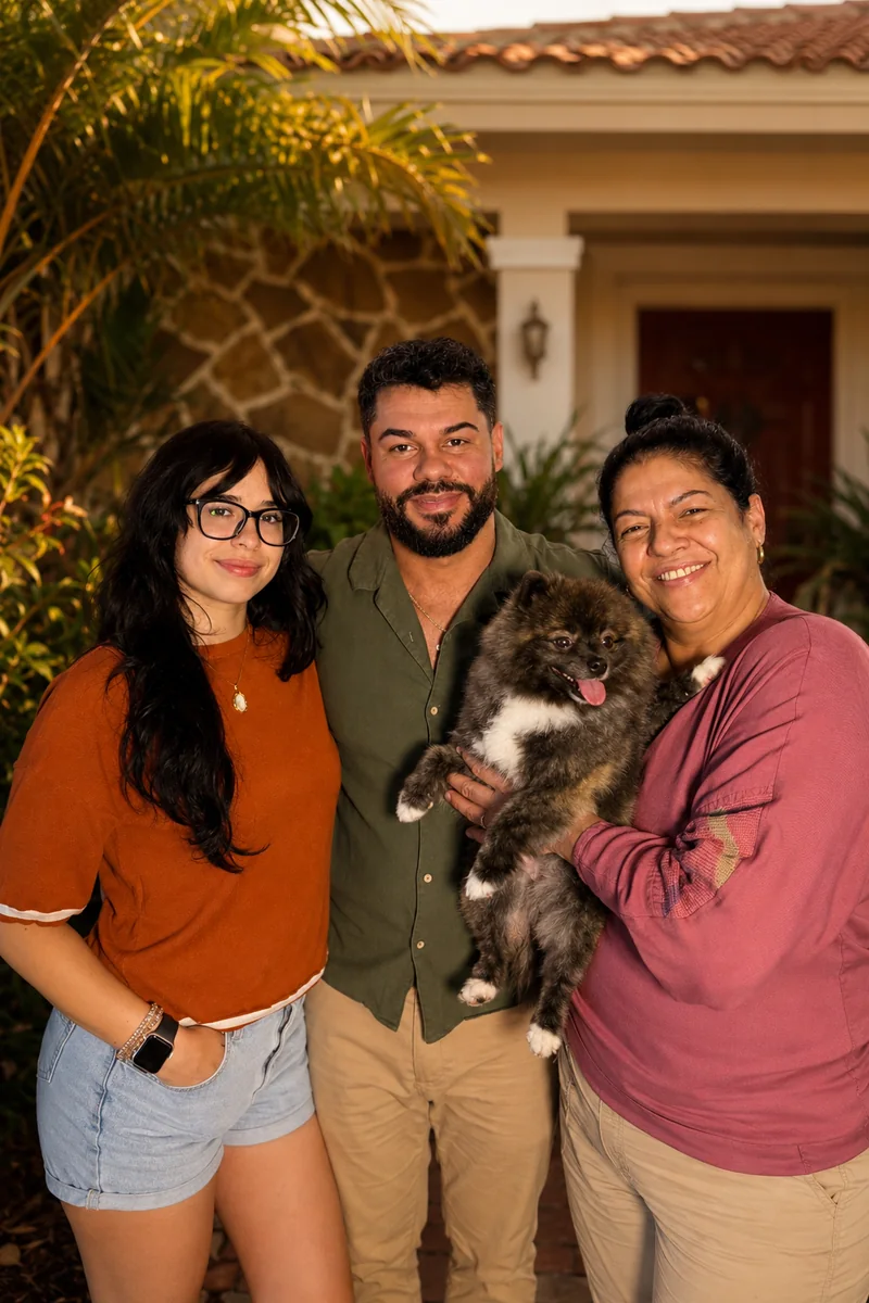 Albie with his family and their dog in front of a South Florida home in warm golden-hour light.